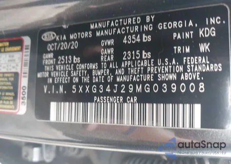 2021 Kia K5 Ex z USA, uszkodzony, nr VIN 5XXG34J29MG039008